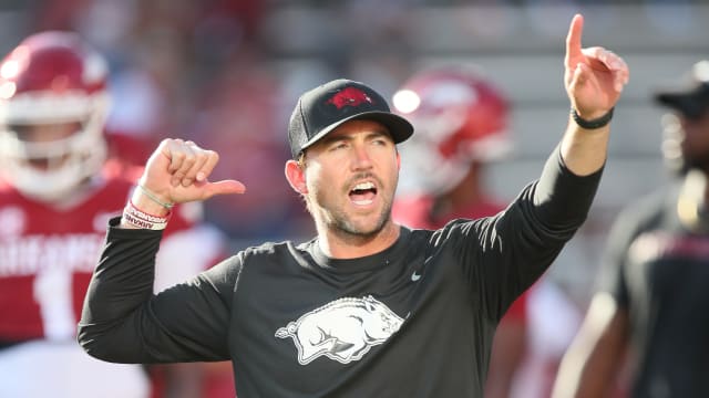 Sep 17, 2022; Fayetteville, Arkansas, USA; Arkansas Razorbacks offensive coordinator Kendal Briles prior to the game against the Missouri State Bears at Donald W. Reynolds Razorback Stadium. Mandatory Credit: Nelson Chenault-USA TODAY Sports